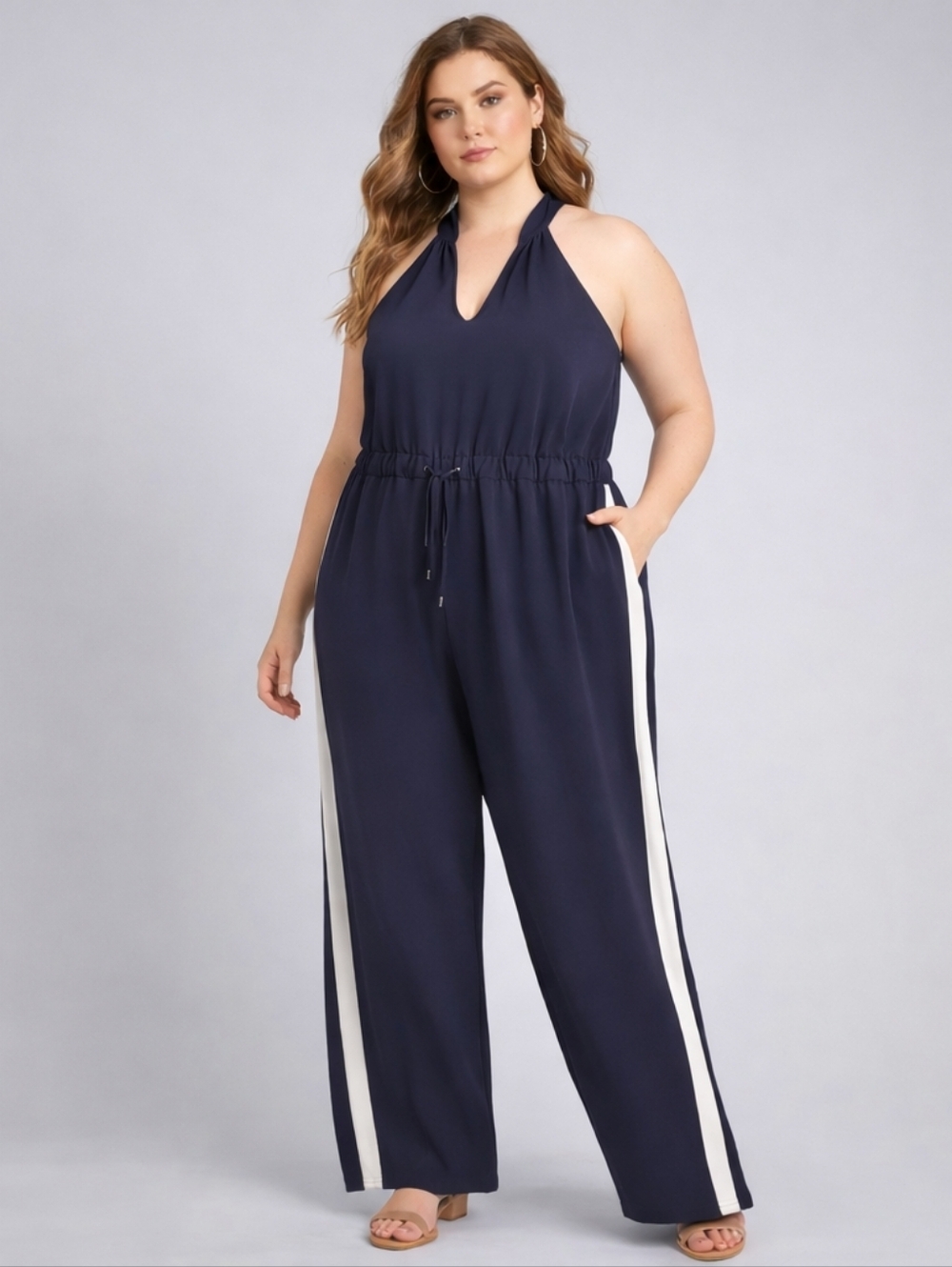 6th & Lane Halter Jumpsuit Size 24 Navy Wide Leg Side Stripe
